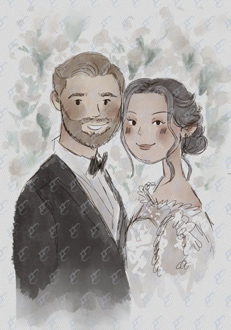 Centauri Studio Retrato Acuarela Novios Flores Blancas