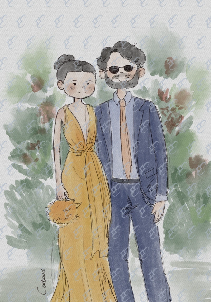 Centauri Studio Retrato Acuarela Pareja Flores Purpuras