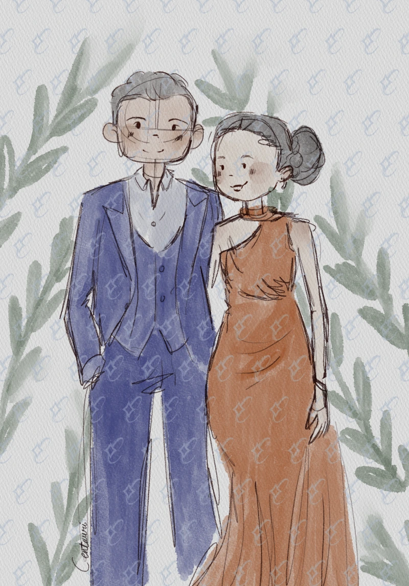 Centauri Studio Retrato Acuarela Novios Vestido Naranja Traje Azul